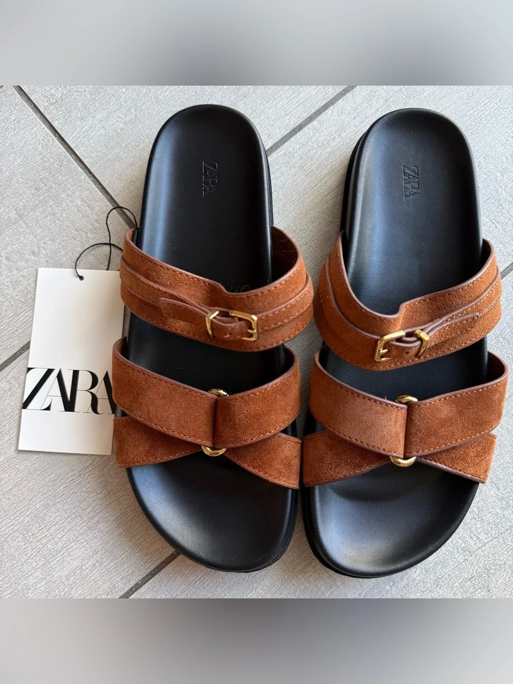 Zara Sandals Women US 7.5 Brown Leather Buckle Slide Flat Minimalist Strappy NWT - Picture 11 of 11